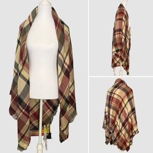 Ruggine Blanket-Style Scarf Wrap Camel & Burgundy Plaid, NWT